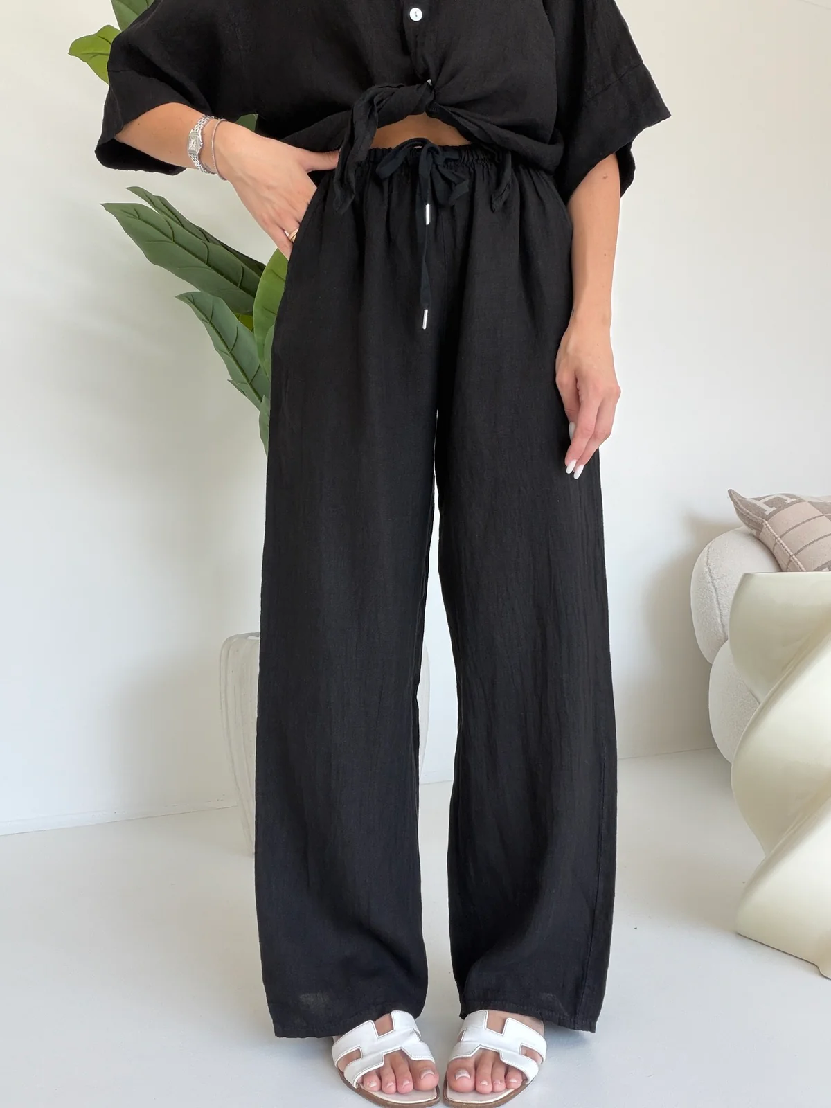 PANTALONE 100%LINO NERO