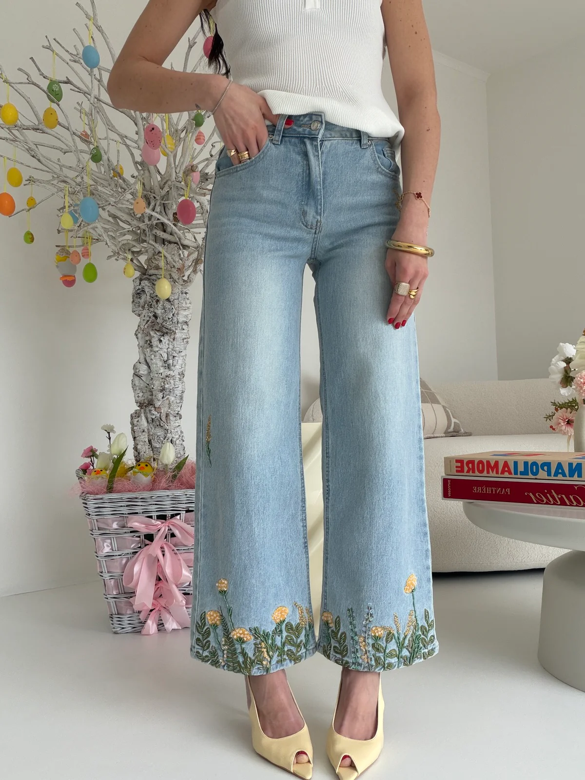 V5078-JEANS PALAZZO CROPPED FLOWERS